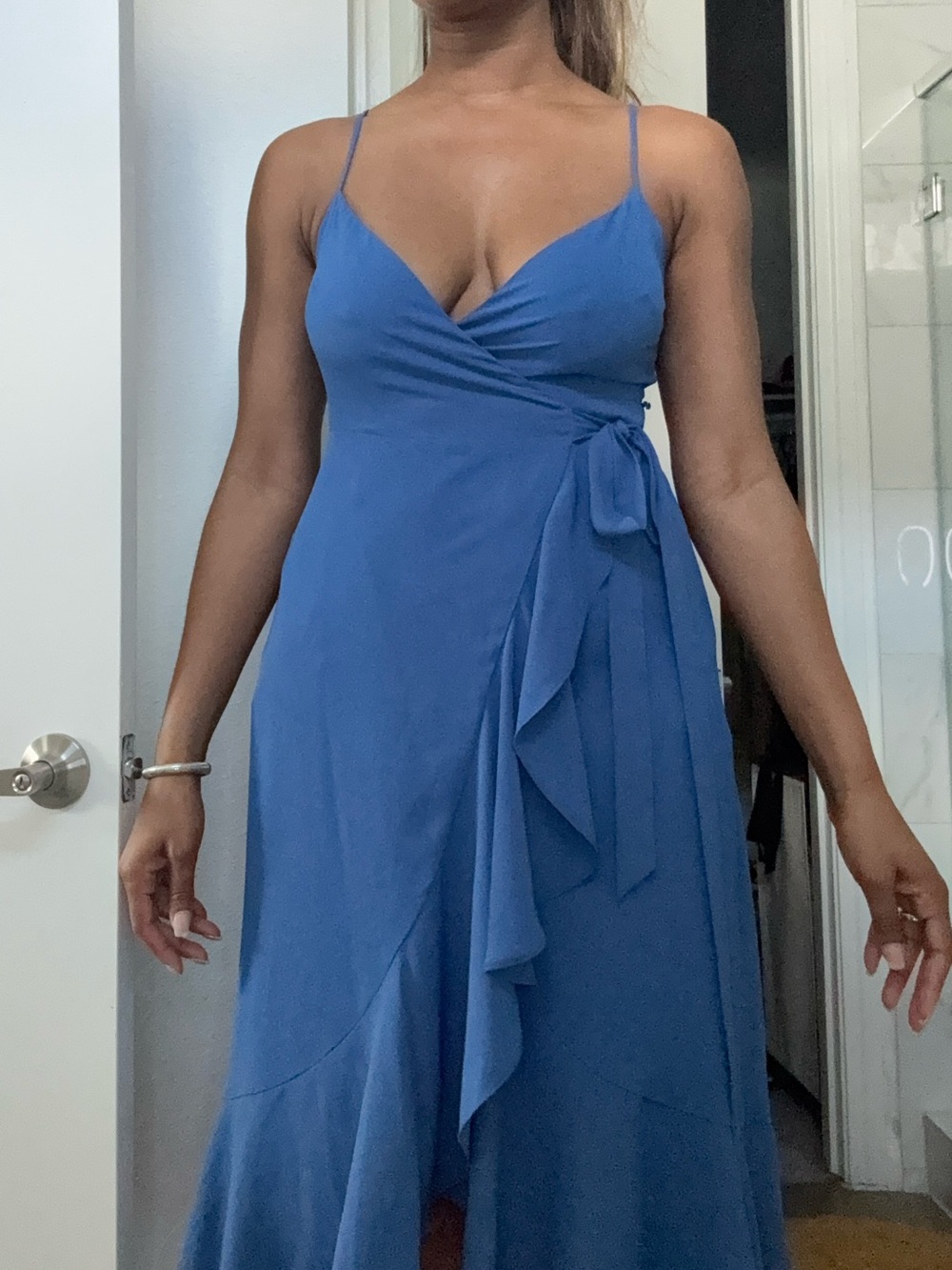 Lulus Cerulean Blue Wrap Midi Dress with Tie Waist
